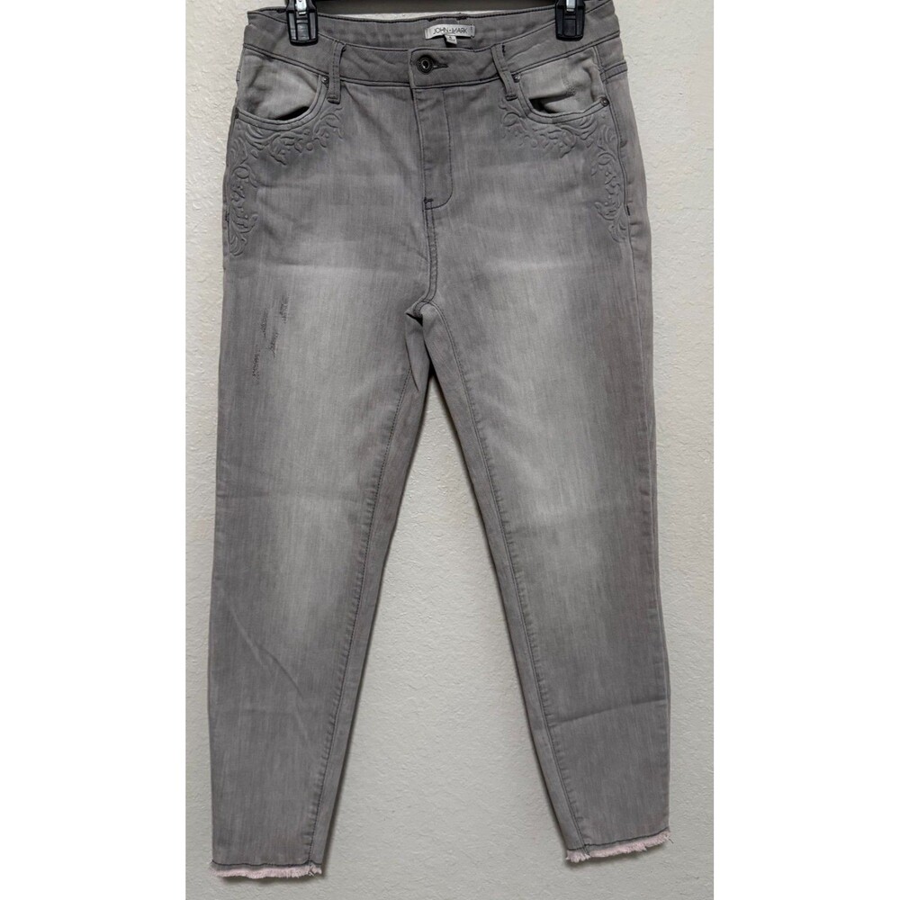 John Mark Women's Gray Embroidered Distressed Skinny Jeans Size 6 Raw Hem